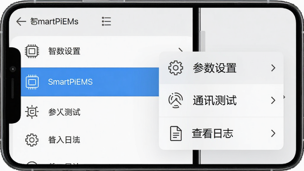 SmartPiEMS 设备参数配置界面,手机屏幕显示着设备列表,其中一个设备被选中高亮,弹出菜单包含“参数设置”“通讯测试”“查看日志”选项,背景是简洁的浅灰色,字体清晰,图标是线性风格,画质干净无多余元素