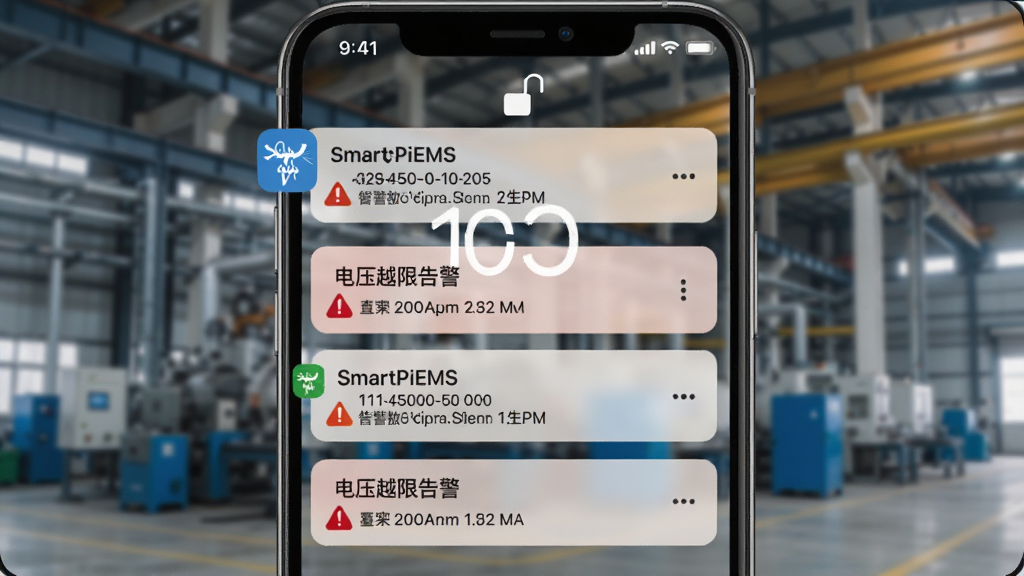 SmartPiEMS 告警推送通知界面,手机锁屏界面弹出多条告警消息,消息条目标题显示“电压越限告警”,内容包含具体数值和发生时间,通知栏有 SmartPiEMS 的图标,背景是模糊的工业厂房照片,风格写实,画质清晰