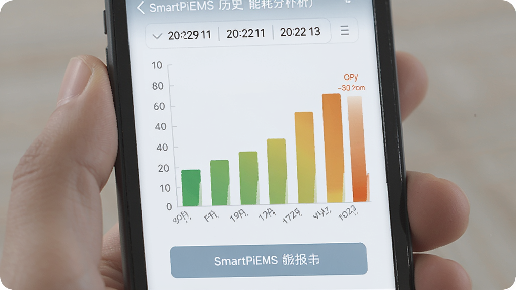 SmartPiEMS 历史能耗分析界面,手机屏幕上显示着按日统计的柱状图,柱子颜色从绿色渐变到橙色,代表用电量的高低变化,图表上方有日期选择器,下方有 SmartPiEMS 的能耗分析报告按钮,整体UI风格扁平化,配色柔和,画质干净