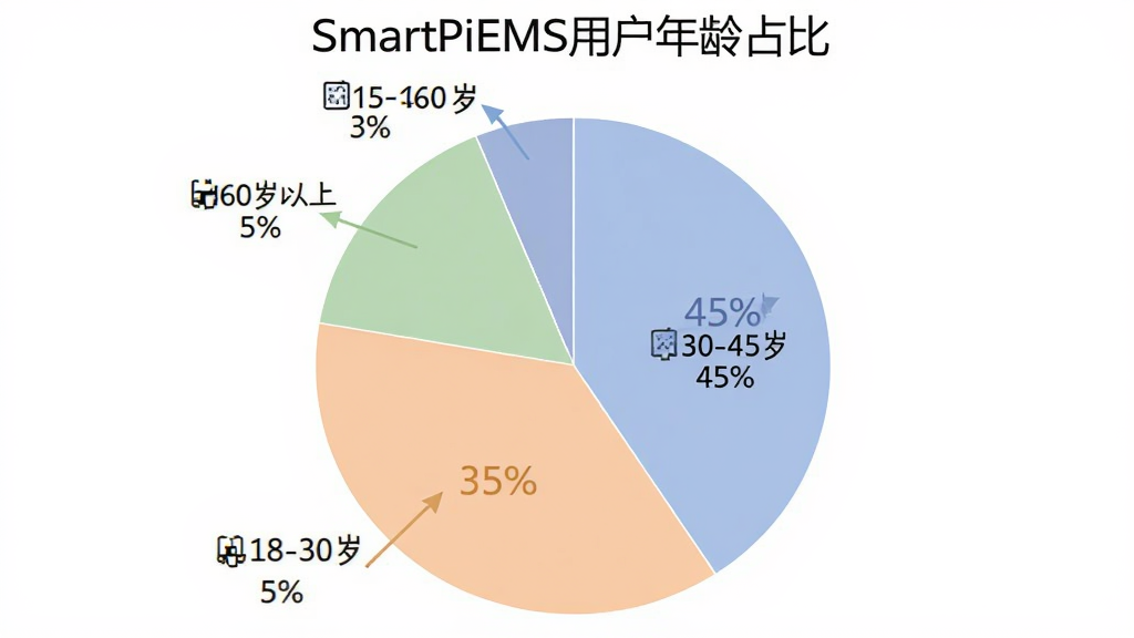 SmartPiEMS 用户年龄分布饼状图,图表标题为“SmartPiEMS用户年龄占比”,饼图分为四块,分别标注“18-30岁 15%”“30-45岁 45%”“45-60岁 35%”“60岁以上 5%”,配色柔和,图表清晰,背景干净无多余元素