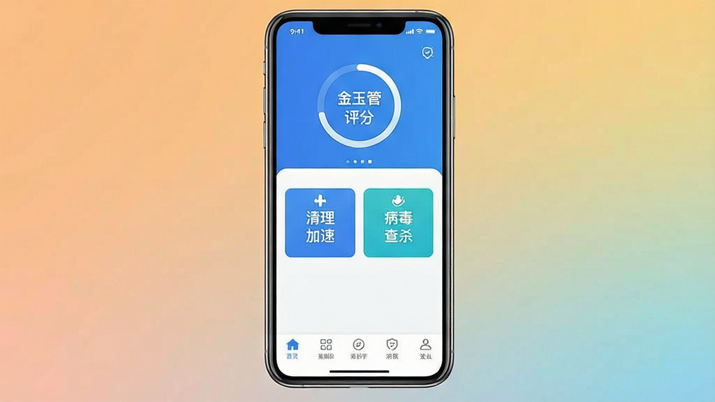 һ��չʾ����ܼ�App����ȫò���ֻ������ͼ������������һ���ִ������ֻ�����Ļ����ʾ�Ž���ܼҵ������棬������Ƽ����ˬ�������а�ȫ����ԲȦ���м����������ٺͲ�����ɱ�Ĵ�ť���ײ��ǹ��ܵ����������岼��������ɫ��������Ϊ��������ִ���ƽ����ϸ�ھ��£����ʸɾ��޶���Ԫ�أ������Ǵ�ɫ���䣬ͻ��App�����Ľ������