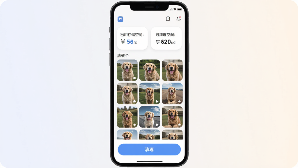照片狗 应用主界面展示,主体为一部智能手机,屏幕显示照片狗应用的相册清理界面,布局为顶部显示已用存储空间和可清理空间,中间是照片分组缩略图网格,底部为清理按钮,排版简洁,风格现代扁平化,细节上图标圆润,画质干净清晰,无多余元素,背景为浅色渐变