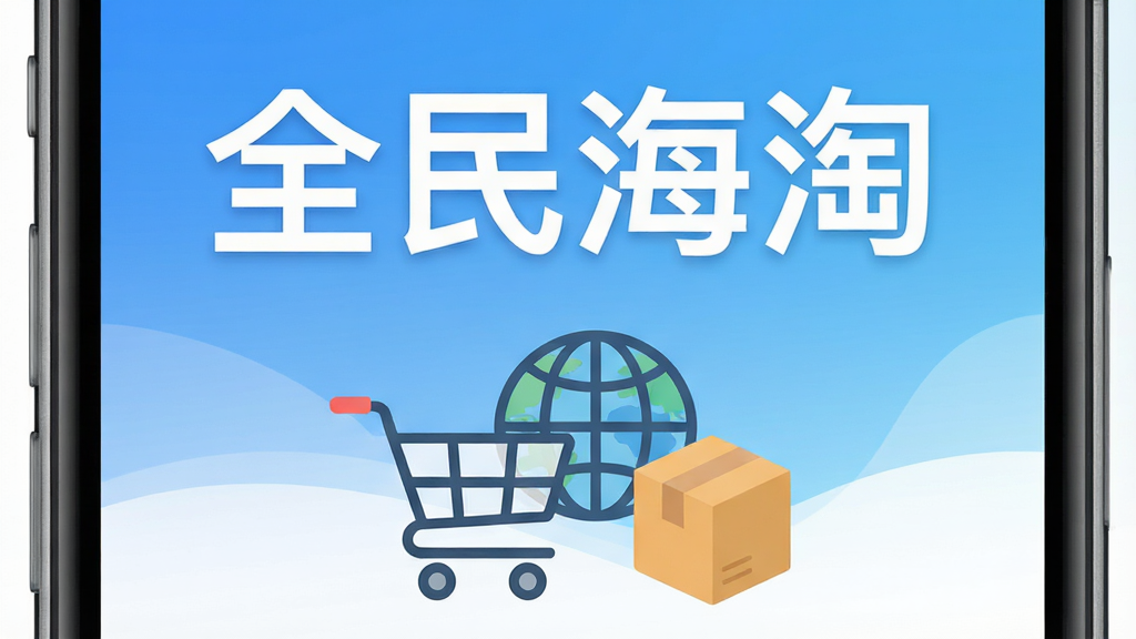 一个清新简洁的手机应用界面,顶部显示“全民海淘”四个大字,背景是蓝白渐变色,中间有购物车、地球和包裹的简约图标组合,整体风格现代扁平,画质干净无多余元素
