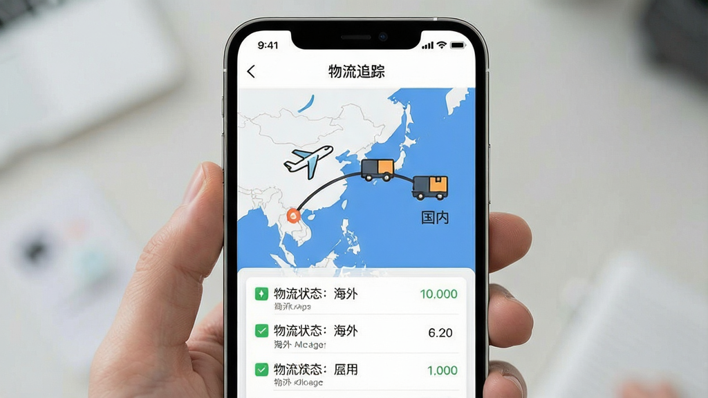 一张展示“全民海淘”APP物流追踪页面的手机截图,页面顶部是“物流追踪”标题,中间是一条从海外到国内的路线图,有飞机和卡车的小图标,底部是详细的物流状态列表,风格简洁现代,文字清晰可见