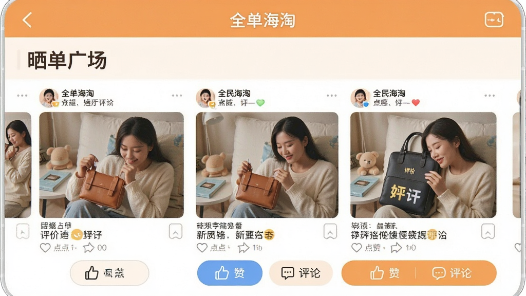 一张展示“全民海淘”APP社区页面的手机截图,页面顶部是“晒单广场”,中间是用户发布的商品图片和文字评价,底部有点赞和评论按钮,风格温暖亲切,画质清晰,文字标注明确