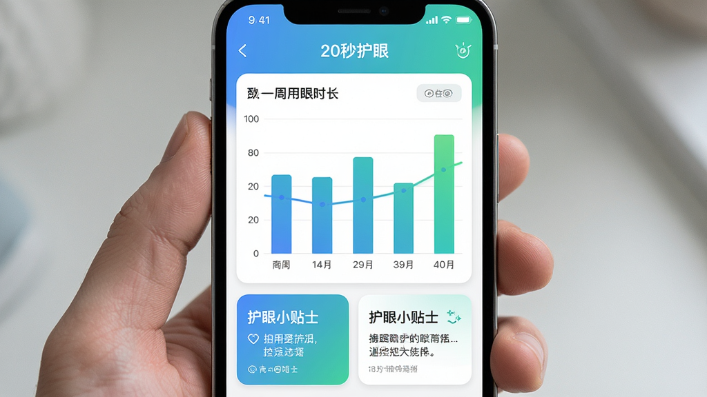 一张手机应用截图风格的AI生图,展示「20秒护眼」的统计页面,页面上有柱状图显示一周用眼时长,下方有护眼小贴士卡片,主体为手机屏幕内容,布局上下结构清晰,风格现代简约,细节包括图表颜色为蓝绿渐变和文字标签,画质清晰干净无多余元素