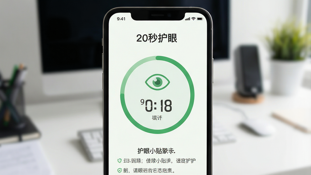 一张手机屏幕特写展示「20秒护眼」应用主界面,界面中央有醒目的倒计时圆圈和眼睛图标,周围环绕绿色护眼主题色调,背景是模糊的办公室桌面场景,主体突出应用界面布局,排版简洁居中,风格清新扁平化,细节包括倒计时数字和护眼小贴士文字,画质清晰干净无多余元素