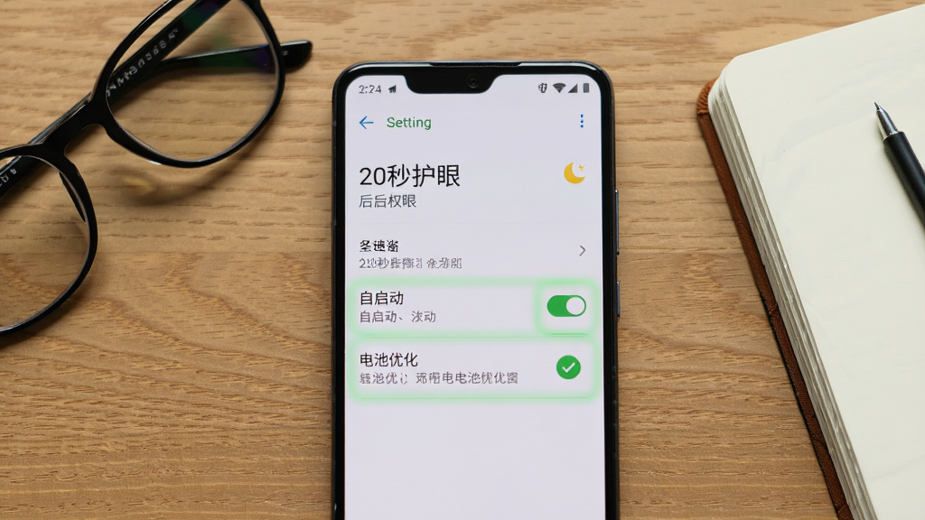 一部安卓手机屏幕上显示「20秒护眼」的后台权限设置页面,有自启动开关和电池优化选项被高亮标注,手机放在木质桌面上,旁边有眼镜和笔记本,布局为手机正面居中,风格写实科技感,细节包括设置菜单文字和绿色勾选图标,画质清晰干净无多余元素