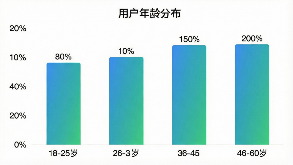一张柱状图展示「20秒护眼」用户年龄分布,横轴为18-25岁、26-35岁、36-45岁、46-60岁四个年龄段,纵轴为用户占比百分比,柱状颜色为蓝绿渐变,图表标题为「用户年龄分布」,布局为图表居中,风格数据可视化简洁风,细节包括百分比数字标注在柱子上方,画质清晰干净无多余元素