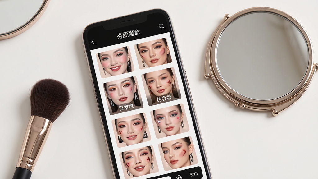 һ��չʾ����ħ��һ����ױ���ܵ�ͼƬ��������һ���ֻ�������ʾ����Ļ�ϳ���������ħ�е���ױѡ����棬������չʾ�Ų�ͬױ�ݷ���Ԥ��ͼ�����ճ�ױ��Լ��ױ��ѡ��ֻ��Ա߷���һ֧��ױˢ��һ��С���ӣ����岼�ּ�࣬��������ţ�ϸ���Ͻ����е�ױ��Ԥ��ͼ����ϸ�壬���ʸɾ����޶���Ԫ��