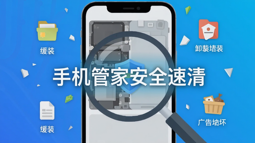 手机管家安全速清深度清理功能展示,手机屏幕画面中显示一个放大镜正在扫描手机内部结构,周围漂浮着代表缓存文件、卸载残留、广告垃圾的图标碎片,背景是干净的科技蓝渐变,画面中央有“手机管家安全速清”字样,风格现代扁平,画质清晰无杂乱