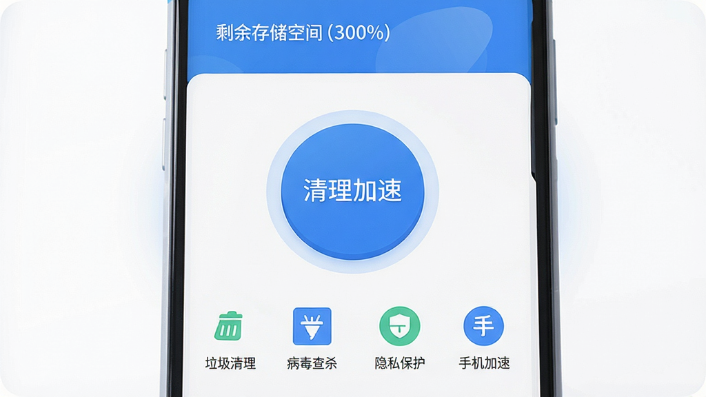 手机管家安全速清软件主界面,干净清爽的蓝白配色,顶部显示手机剩余存储空间百分比,中间是一个巨大的圆形清理加速按钮,下方排列着垃圾清理、病毒查杀、隐私保护、手机加速四个功能图标,界面无任何广告横幅,整体布局简洁明了,文字标签清晰可见,扁平化设计风格,细节圆润,画质干净高清,无多余元素