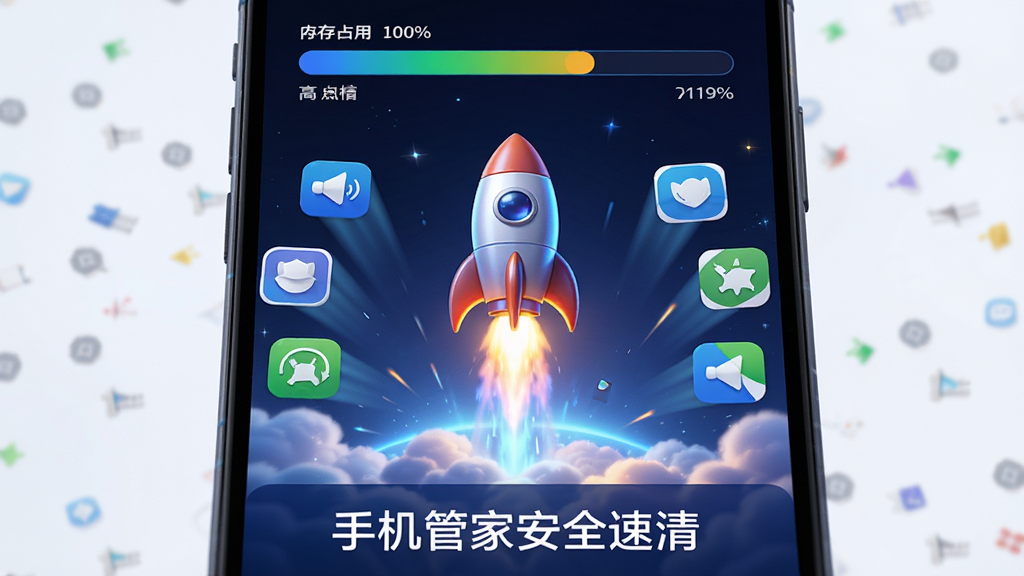 手机管家安全速清手机加速功能界面,屏幕中央显示一个火箭正在点火升空的动态效果,周围环绕着被清理掉的后台应用图标,顶部显示内存占用从高到低的进度条变化,画面下方有“手机管家安全速清”标识,科幻简洁风格,色彩明亮,画质干净无多余元素