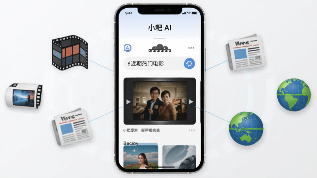一张展示小耙AI联网搜索功能的示意图,画面中心是手机屏幕显示小耙AI正在搜索“近期热门电影”,屏幕旁边漂浮着电影胶片、新闻报纸、地球仪等小图标,背景是浅灰色,风格简洁科技感,画质干净无多余元素
