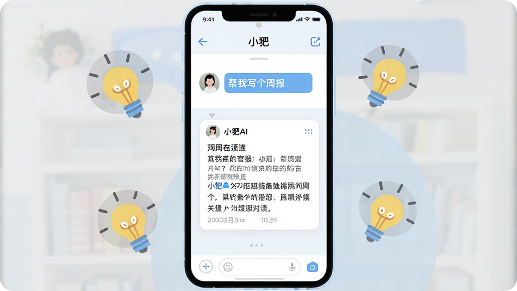 一张展示小耙AI对话界面的示意图,画面主体是一部手机,屏幕上显示着用户输入“帮我写个周报”和小耙AI生成的周报内容,界面以白色和浅蓝色为主,文字清晰,布局简洁,周围有代表灵感的灯泡小图标点缀,风格现代扁平,画质干净