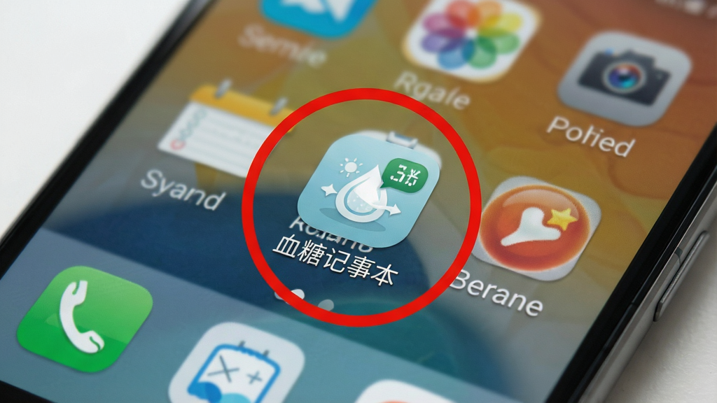 一张展示“血糖记事本”应用在手机桌面上被添加到显眼位置的示意图,画面主体是一部安卓手机,屏幕显示手机桌面,桌面上有一个名为“血糖记事本”的应用图标被一个红色圆圈高亮标记,图标设计简洁,背景是模糊的桌面壁纸,布局清晰,风格写实,细节丰富,画质高清,无多余文字和元素。