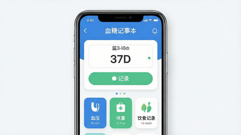 一张展示“血糖记事本”手机应用主界面的详细产品图,画面中央是一部现代智能手机,屏幕显示应用界面,界面顶部有“血糖记事本”的文字标识,中间是醒目的血糖数值输入框和记录按钮,下方排列着血压、体重、饮食记录的卡片式图标,布局清晰,排版简洁,风格现代扁平化,细节圆润,主色调为蓝白绿,背景干净无多余元素,画质高清,文字清晰可见,无杂乱装饰。