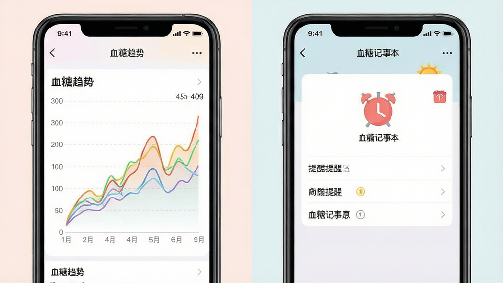 一张展示“血糖记事本”应用内数据趋势图表和提醒设置界面的合成图,画面左侧是手机屏幕显示彩色折线图,图表标题为“血糖趋势”,右侧是手机屏幕显示闹钟提醒设置界面,顶部有“血糖记事本”文字,布局左右分栏,风格简洁专业,细节清晰,画质干净,色彩柔和,无多余装饰元素。