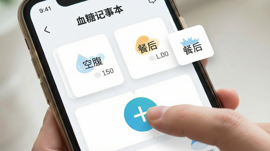 一张展示“血糖记事本”应用内快速记录血糖操作流程的特写图,画面主体是一只手正在点击手机屏幕上的大号加号按钮,屏幕背景是简洁的记录界面,界面上有“血糖记事本”字样,旁边悬浮着空腹、餐后等标签选项,布局采用卡片式设计,风格清新明亮,细节清晰,画质干净,文字内容为中文,无多余元素。