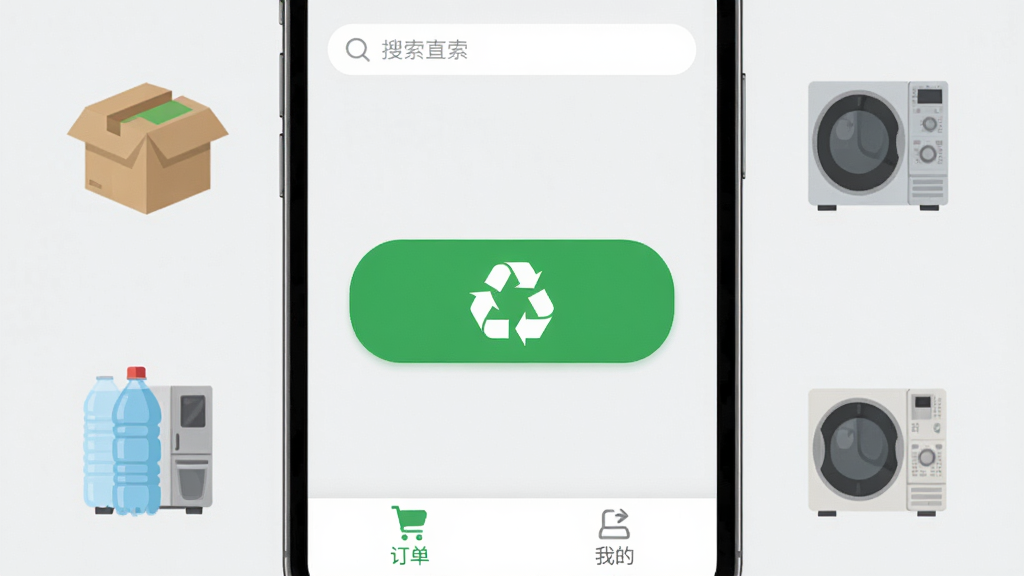手机屏幕显示“废品宝”APP的主界面,主界面中央是一个醒目的绿色回收按钮,周围环绕着纸箱、塑料瓶、旧家电的扁平化图标,界面背景是干净的浅灰色,顶部有搜索栏,底部是订单和我的两个选项卡,整体风格简洁现代,画质清晰,无多余元素