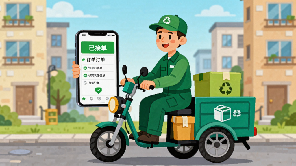 废品宝APP订单页面截图风格插画,画面中一个穿着绿色工装的回收员骑着三轮车,手机屏幕上显示订单已接单,背景是小区楼栋,风格扁平卡通,色彩明亮,画质干净