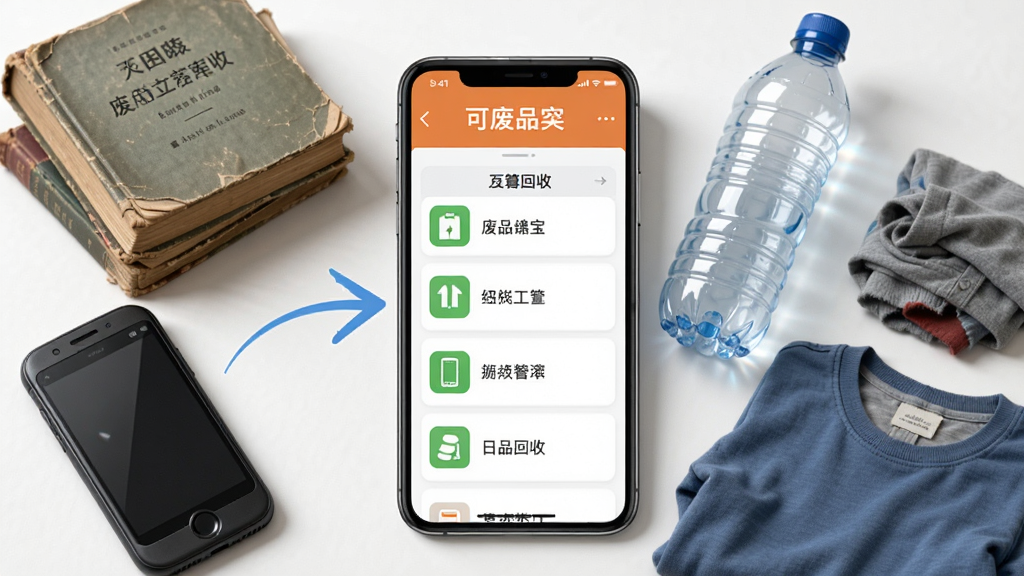废品宝APP功能展示图,画面中心是手机屏幕,屏幕外散落着旧书、旧手机、塑料瓶、旧衣服等物品,一个箭头从物品指向手机屏幕,屏幕内显示可回收品类列表,风格写实但整洁,画质清晰