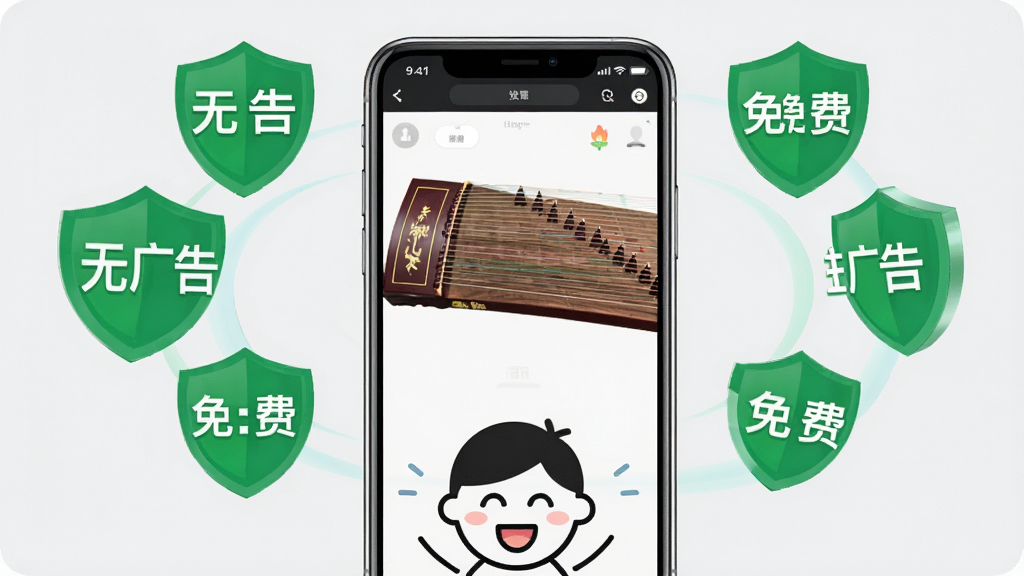 一张展示古筝模拟练习免费无广告特点的图片,画面中心是手机屏幕显示着古筝弹奏界面,屏幕周围有一圈绿色的盾牌图标,盾牌上写着“无广告”和“免费”的字样,背景是纯净的浅灰色,手机下方有开心的用户简笔画表情,整体风格简洁明快,色彩干净,突出安全免费的使用体验