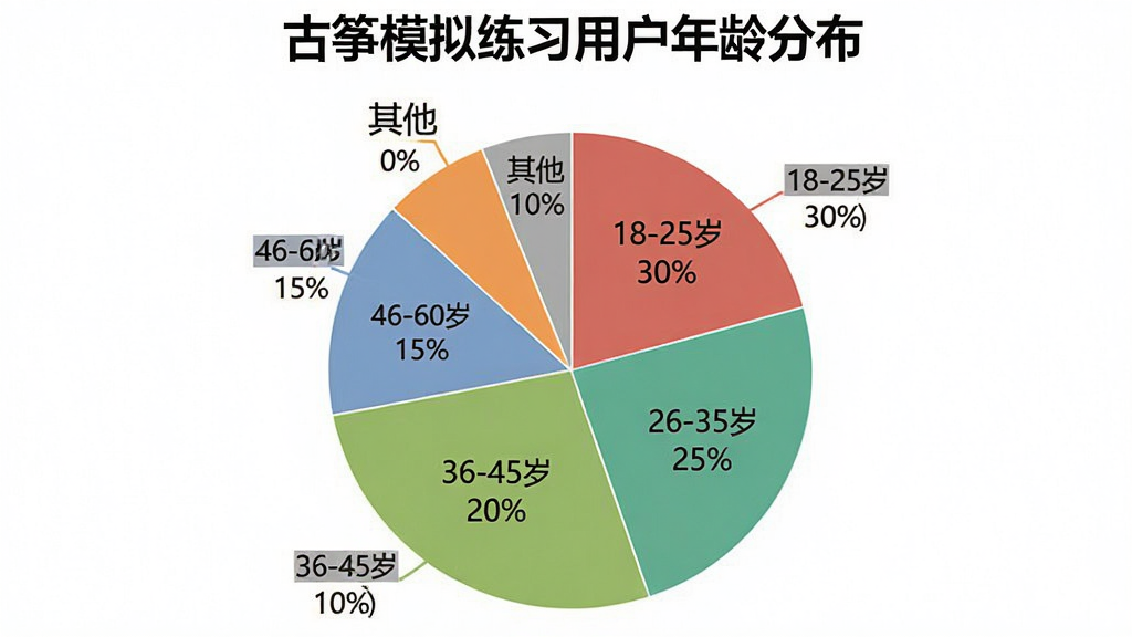 一张展示古筝模拟练习用户年龄分布的饼状图,图表标题为“古筝模拟练习用户年龄分布”,饼图分为五个扇区,分别标注“18-25岁 30%”“26-35岁 25%”“36-45岁 20%”“46-60岁 15%”“其他 10%”,每个扇区颜色不同,图表背景为白色,数据标签清晰可见,整体风格简洁专业,画质干净无多余元素