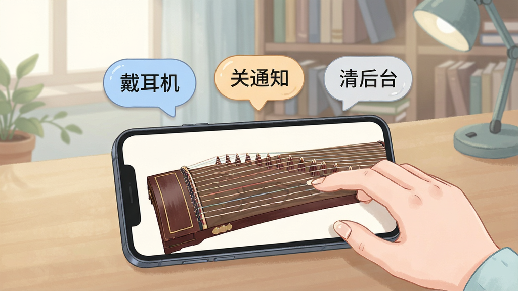 一张展示古筝模拟练习使用技巧的插图,画面中一部手机横屏放置在桌面上,屏幕显示古筝界面,手机上方悬浮着几个提示气泡,分别写着“戴耳机”“关通知”“清后台”,旁边有一只手正在用指甲拨动屏幕上的琴弦,背景是安静的书房环境,整体风格清新实用,色彩柔和,突出实用小贴士的氛围