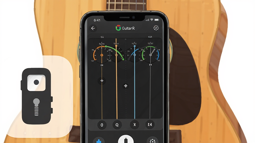 һ��չʾGuitar����У��������ȫò�Ĳ廭������������һ�������ֻ�����Ļ��ʾ��Guitar����У�����ĵ������棬���������ҵ�ָ��ʽ��������������һ��ľ������һ����Լ�ĵ�����ͼ�꣬�������������ϸ�����������ʸɾ��޶���Ԫ��