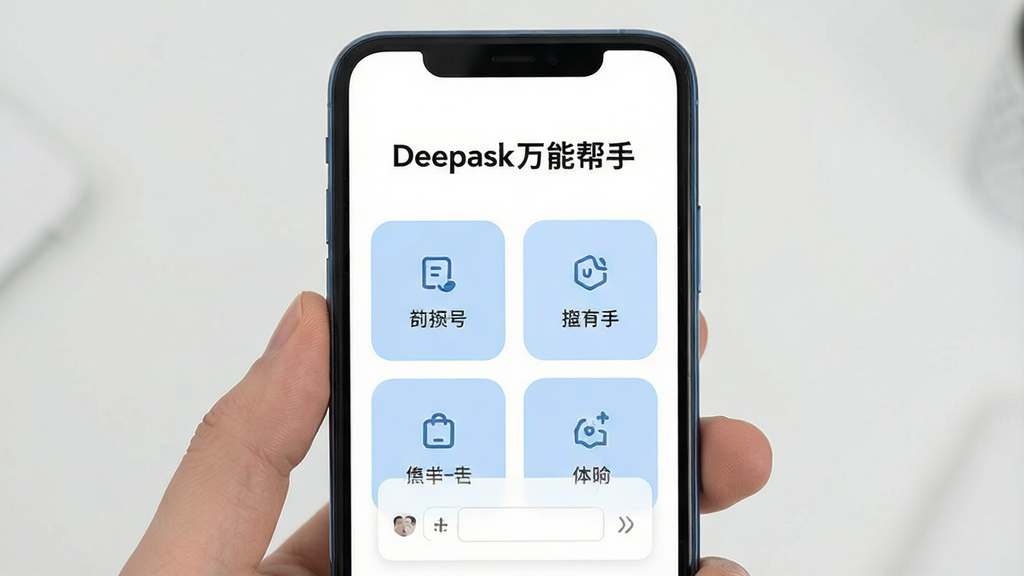 一张展示软件极简无广告界面的图片,手机屏幕显示“Deepask万能帮手”的主页,页面只有几个大号的功能按钮和清晰的文字标签,没有广告横幅,没有弹窗,背景是纯白色,按钮是淡蓝色圆角矩形,整体风格极简清新,画质干净,排版留白舒适,无多余元素