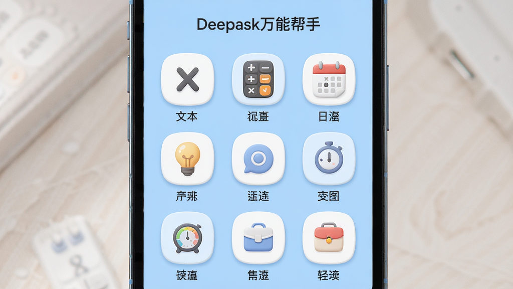一张展示多功能工具箱界面的图片,手机屏幕内呈现“Deepask万能帮手”的工具九宫格布局,图标包括文本、计算器、日历、灯泡等,每个图标下方有中文标签,界面以浅蓝色背景为主,图标圆润可爱,整体风格统一整洁,画质清晰,光线柔和,无多余元素