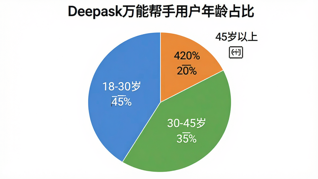 一张展示用户年龄分布的饼状图,图表标题为“Deepask万能帮手用户年龄占比”,饼图分为三块,分别标注“18-30岁 45%”、“30-45岁 35%”、“45岁以上 20%”,颜色分别为蓝色、绿色、橙色,图表风格简洁商务,背景白色,画质清晰,文字标签明确,无多余元素