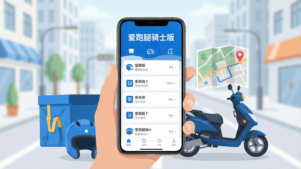 爱跑腿骑士版手机应用主界面展示,画面中央是一部手持智能手机,屏幕显示蓝色和白色为主色调的跑腿接单大厅列表,顶部有醒目的“爱跑腿骑士版”文字标识,周围环绕着外卖箱、电动车头盔、导航路线图等配送元素,背景是干净的城市街道虚化画面,整体风格现代扁平,细节清晰,画质干净明亮,无多余杂乱元素