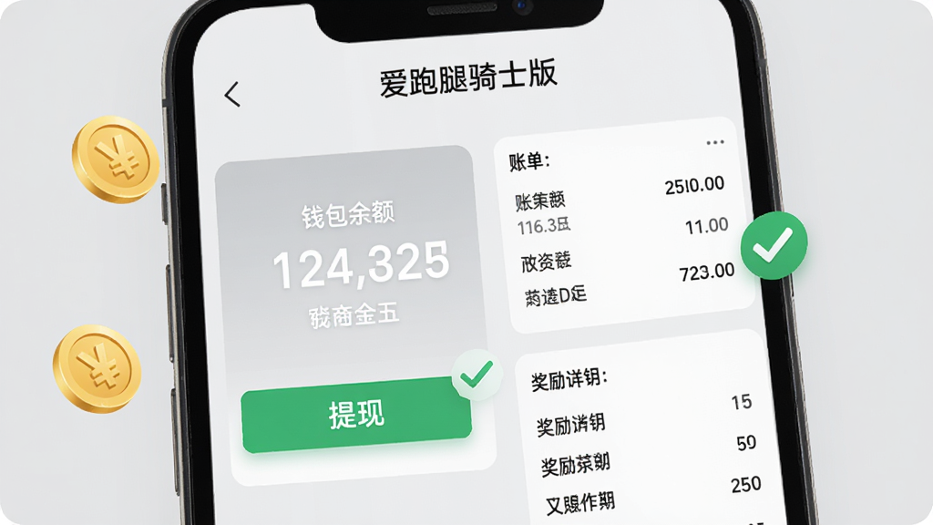 爱跑腿骑士版收益结算页面展示,手机屏幕特写显示钱包余额数字和提现按钮,旁边有账单列表和奖励明细,画面中有金币和绿色对勾图标点缀,背景是浅灰色简约风格,屏幕上方有“爱跑腿骑士版”文字,整体干净整洁,画质高清,无多余元素