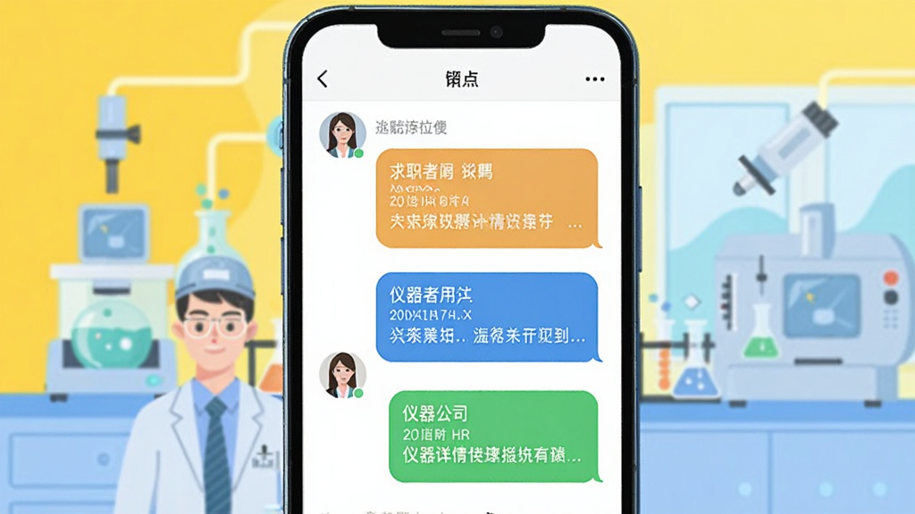 仪聘 功能展示图 手机屏幕显示聊天界面 左侧是求职者 右侧是仪器公司HR 对话气泡包含岗位详情 背景有实验室仪器简笔画 明亮色调 扁平插画风格 干净整洁