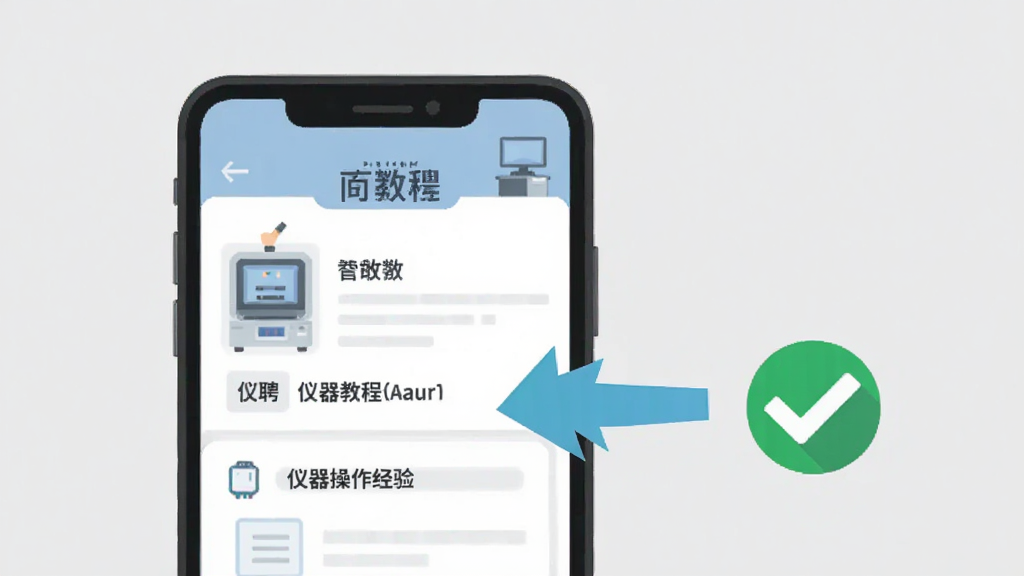 仪聘 使用教程示意图 手机屏幕显示简历填写页面 有箭头指向仪器操作经验栏目 旁边有对勾图标 背景浅灰色 扁平化设计 清晰明了