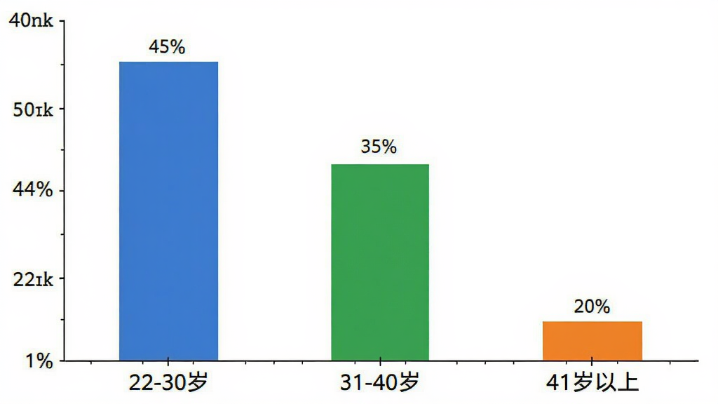 仪聘 用户年龄分布柱状图 横轴为年龄段 纵轴为百分比 22-30岁占45% 31-40岁占35% 41岁以上占20% 柱状颜色分别为蓝色 绿色 橙色 白色背景 简洁图表风格