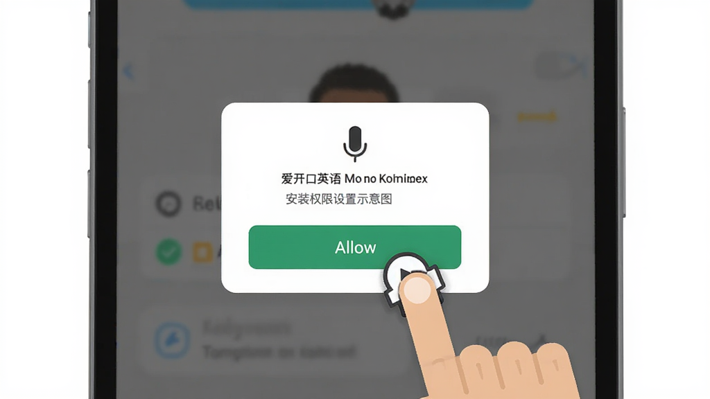爱开口英语 安装权限设置示意图 主体是手机屏幕显示麦克风权限弹窗和允许按钮 布局为居中弹窗式 排版简洁明了 风格扁平化UI风格 细节包括手指点击允许按钮的图标 画质高清无杂乱背景