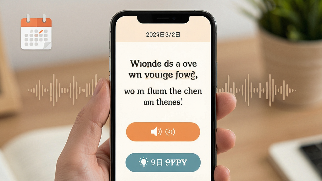 爱开口英语 每日一句跟读页面 主体是手机屏幕显示一句英文名言和跟读按钮 布局为上方日期中间英文句子下方是发音按钮和跟读评分 排版为居中对称式 风格清新温暖 细节包括日历图标和声波纹理 画质干净无多余装饰