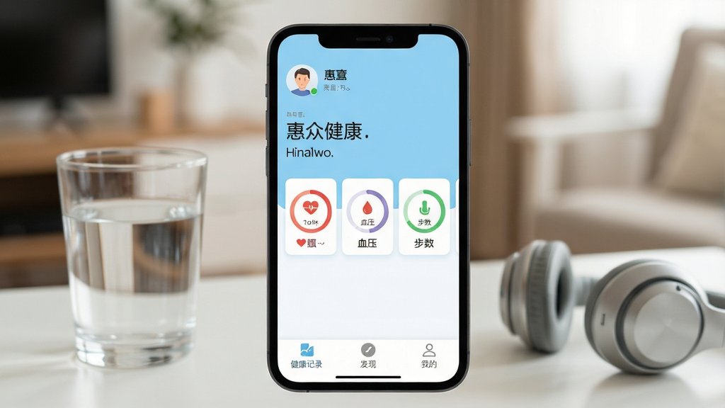 �ֻ���Ļ��д�����������ǡ����ڽ�����App����ҳ���棬������ɾ�����ǳ��ɫ�Ͱ�ɫΪ��ɫ����������ʾ�û�ͷ����ʺ���м������ʡ�Ѫѹ����������Բ�����ݿ�Ƭ���ײ��ǽ�����¼�����֡��ҵ���������ͼ�ꡣ�������黯�ľӼһ������Ա߷���һ��ˮ��һ������������ִ���ܰ�����������ɾ����޶���Ԫ�أ����幹ͼ���У�������͡�