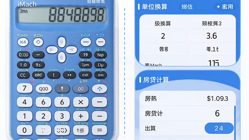 计算器iMach功能布局展示,画面分为左右两部分,左侧展示科学计算器键盘,右侧展示单位换算和房贷计算界面,中间用虚线分隔,整体色调为蓝白搭配,界面元素圆润现代,文字标签清晰可见,画质干净无杂乱元素