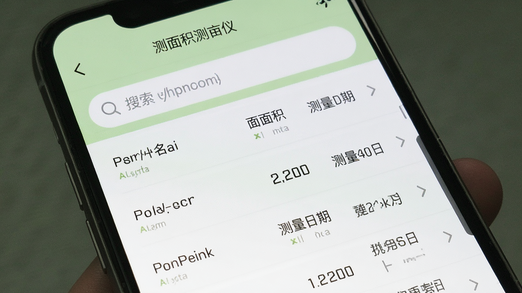 手机屏幕显示“测面积测亩仪”的历史记录列表页面,每条记录包含地块名称、面积数值、测量日期,列表排列整齐,顶部有搜索框,界面以白色和浅绿色为主色调,风格简洁清爽,画质干净
