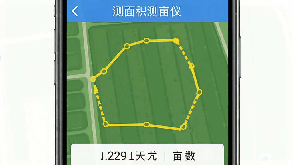 手机屏幕显示绿色农田地图界面,中央有黄色测量轨迹线围成不规则多边形,屏幕上方显示“测面积测亩仪”字样,下方有面积数值和亩数单位,界面简洁清晰,扁平化设计风格,蓝白配色,画质干净无多余元素