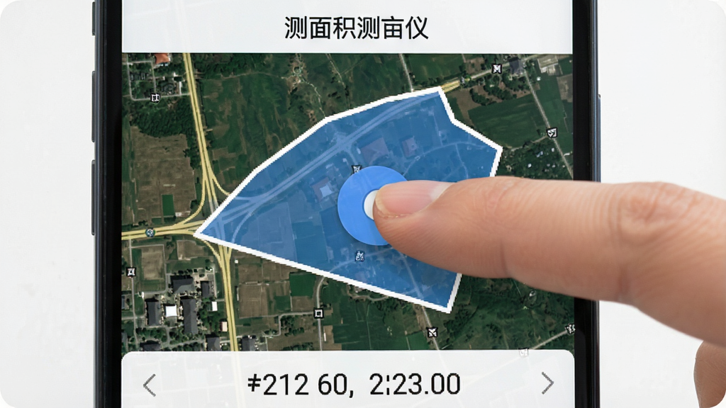 手机屏幕显示卫星地图界面,地图上有手指点击形成的白色多边形勾画区域,区域内部填充半透明蓝色,屏幕顶部显示“测面积测亩仪”文字,底部显示面积计算结果,界面布局清晰,现代扁平风格,画质干净