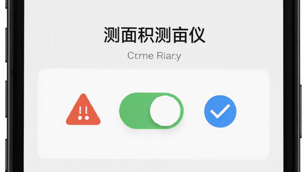 手机屏幕显示“测面积测亩仪”的权限设置引导页面,画面中有定位权限开关的图示,旁边有红色警示标志和蓝色对勾图标,背景简洁,信息图风格,画质清晰干净