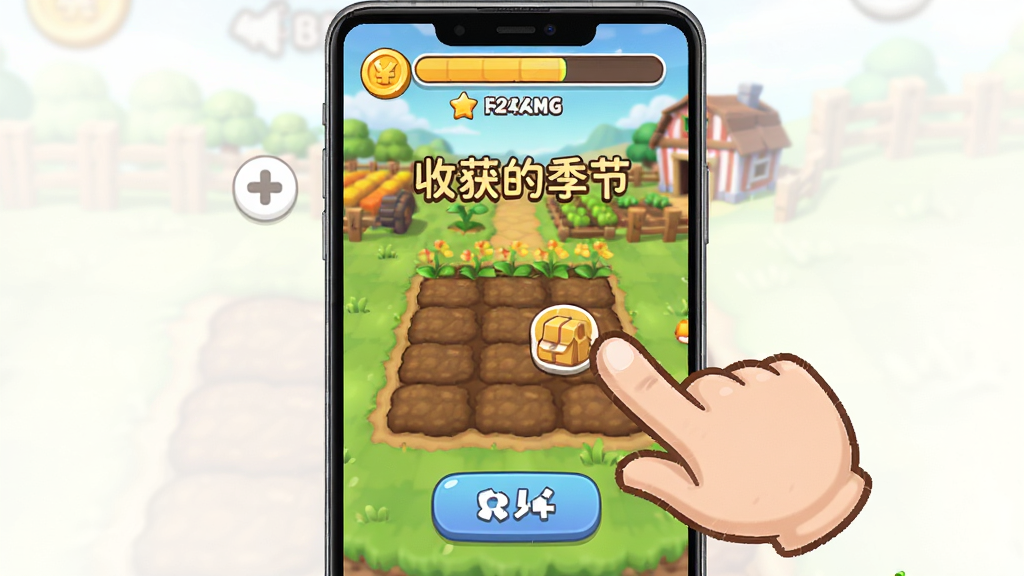 一部安卓手机屏幕上显示“收获的季节”游戏的新手引导界面,画面中有一个卡通手指正在指向一块待开垦的土地,屏幕上方有金币和等级条,背景是游戏内的农场场景,风格为清晰的手机应用截图风格,布局上手机居中,界面元素排列整齐,细节包括按钮的圆角、土地的纹理、手指的图标,画质干净,无多余元素