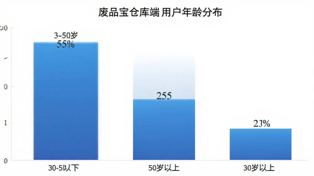 废品宝仓库端用户年龄分布柱状图,图表显示30-50岁用户占比55%,50岁以上占比25%,30岁以下占比20%,图表颜色为蓝色渐变,背景简洁白色,风格商务数据可视化,画质清晰,无多余装饰