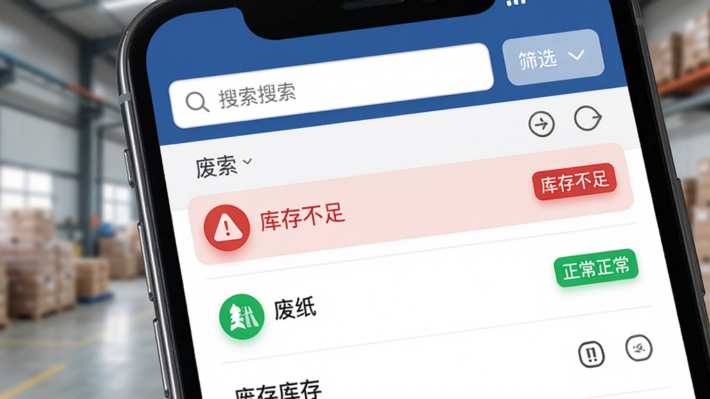 废品宝仓库端库存预警功能展示,手机屏幕显示库存列表,其中废铜品类显示红色预警标志并标注“库存不足”,废纸品类显示绿色正常状态,屏幕上方有搜索栏和筛选按钮,背景是手机操作界面特写,风格简洁商务,画质高清,无多余装饰