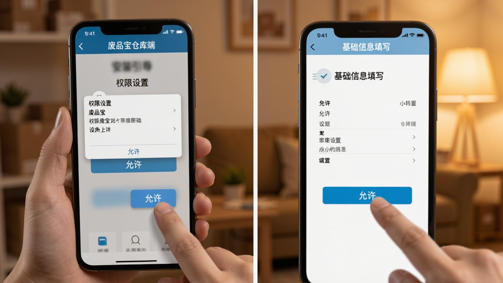 废品宝仓库端安装设置引导界面,手机屏幕显示权限设置和基础信息填写页面,画面中有手指点击“允许”按钮的动作,背景是温馨的室内光线,风格写实,画质清晰,无多余元素